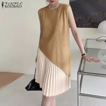 ZANZEA Женское повседневное платье в полоску с круглым вырезом без рукавов в стиле пэчворк 5XL хаки