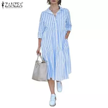 ZANZEA Женское повседневное платье в полоску с отложным воротником и короткими рукавами S зелёный