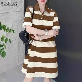 ZANZEA Женское повседневное платье в полоску с отложным воротником и короткими рукавами S зелёный