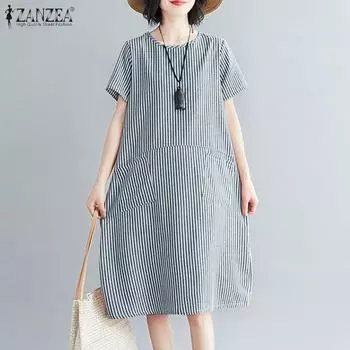 ZANZEA Женское повседневное платье в полоску с круглым вырезом и коротким рукавом S тёмно-синий