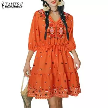 ZANZEA Женское повседневное платье в стиле бохо с V-образным вырезом и коротким рукавом S зелёный