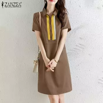 ZANZEA Женское повседневное платье в стиле пэчворк с отложным воротником и коротким рукавом 4XL светло-коричневого