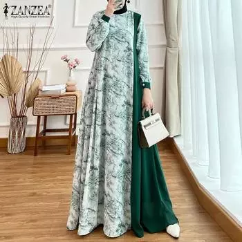 ZANZEA Женское повседневное платье в стиле пэчворк с круглым вырезом и длинными рукавами M темно-зеленого