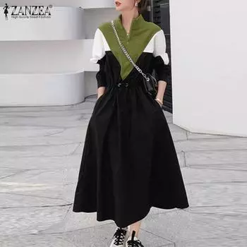 ZANZEA Женское повседневное платье в стиле пэчворк с воротником-стойкой, длинными рукавами и завязками на талии M тёмно-синий