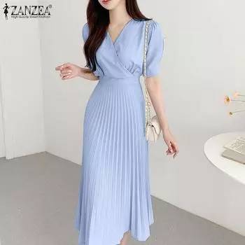 ZANZEA Женское повседневное плиссированное длинное платье с v-образным вырезом и короткими рукавами S чёрный