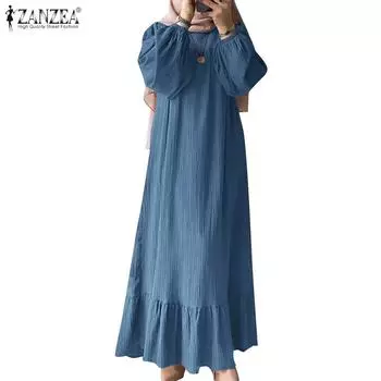 ZANZEA Женское повседневное плиссированное длинное платье с круглым вырезом и длинными рукавами белый