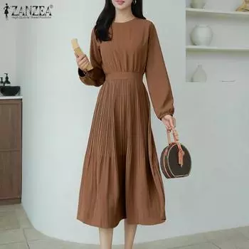 ZANZEA Женское повседневное плиссированное лоскутное свободное платье с длинным рукавом S