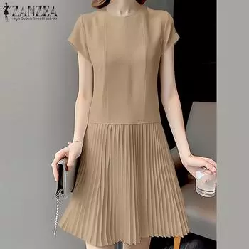 ZANZEA Женское повседневное плиссированное однотонное свободное платье трапециевидной формы с короткими рукавами и круглым вырезом S чёрный