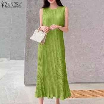 ZANZEA Женское повседневное плиссированное платье без рукавов с круглым вырезом и открытыми плечами XL розовый