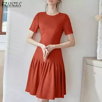 ZANZEA Женское повседневное плиссированное платье с круглым вырезом и короткими рукавами