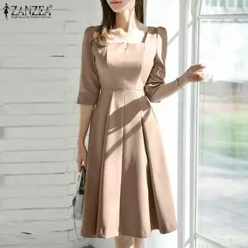 ZANZEA Женское повседневное плиссированное платье трапециевидной формы с квадратным воротником и половиной рукавов S синий