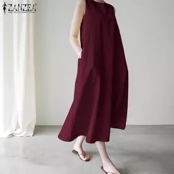 ZANZEA Женское повседневное повседневное однотонное платье без рукавов с круглым вырезом M белый