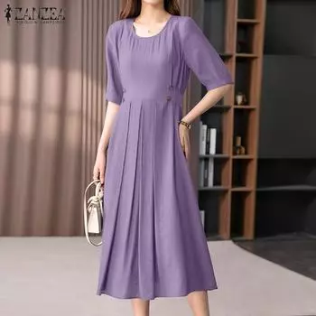 ZANZEA Женское повседневное повседневное однотонное свободное летнее длинное платье с коротким рукавом и круглым вырезом