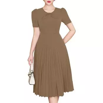 ZANZEA Женское повседневное повседневное платье с круглым вырезом и коротким рукавом, свободное, плиссированное S хаки