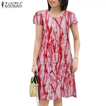ZANZEA Женское повседневное повседневное платье с круглым вырезом и коротким рукавом с принтом S жёлтый