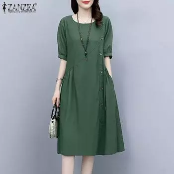 ZANZEA Женское повседневное повседневное свободное платье с круглым вырезом и короткими рукавами 4XL зелёный