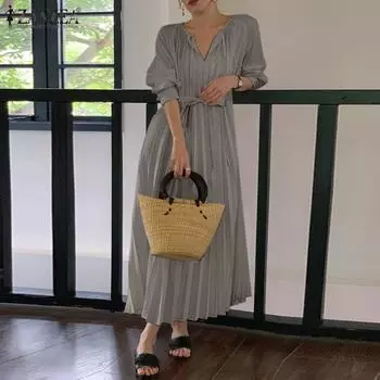 ZANZEA Женское повседневное праздничное длинное платье с v-образным вырезом и длинными рукавами