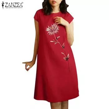 ZANZEA Женское повседневное праздничное летнее платье без рукавов с вышивкой и круглым вырезом XL красный