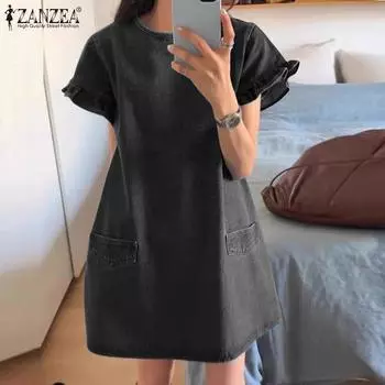 ZANZEA Женское повседневное прямое однотонное свободное платье с круглым вырезом и коротким рукавом S чёрный