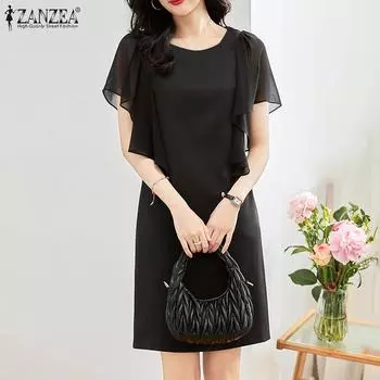 ZANZEA Женское повседневное шифоновое платье с короткими рукавами и круглым вырезом