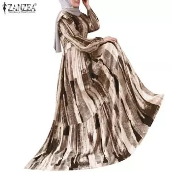 ZANZEA Женское повседневное шикарное свободное длинное платье с длинным рукавом и круглым вырезом с принтом