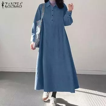 ZANZEA Женское повседневное синее джинсовое длинное платье-рубашка с отложным воротником и длинными рукавами