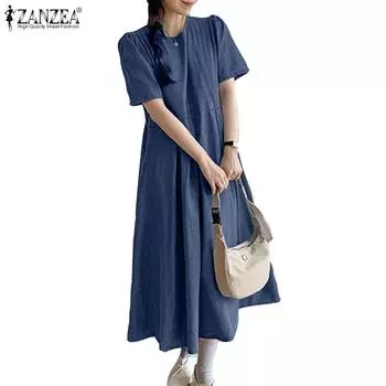 ZANZEA Женское повседневное синее джинсовое длинное платье с круглым вырезом и коротким рукавом M темно-синий