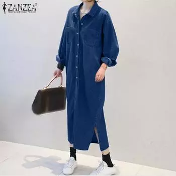 ZANZEA Женское повседневное синее джинсовое длинное платье-рубашка с отложным воротником и длинными рукавами S темно-синий