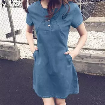 ZANZEA Женское повседневное синее джинсовое летнее платье с v-образным вырезом и короткими рукавами