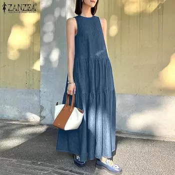 ZANZEA Женское повседневное синее джинсовое платье без рукавов с круглым вырезом 4XL синий