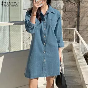 ZANZEA Женское повседневное синее джинсовое платье-рубашка с длинным рукавом и отложным воротником в стиле ретро