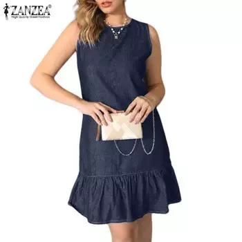 ZANZEA Женское повседневное синее джинсовое платье без рукавов с круглым вырезом