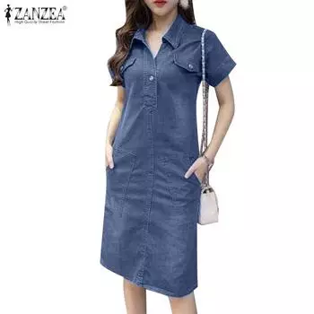 ZANZEA Женское повседневное синее джинсовое платье с отложным воротником и короткими рукавами S чёрный
