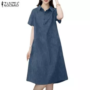 ZANZEA Женское повседневное синее джинсовое платье-рубашка с отложным воротником и короткими рукавами M чёрный