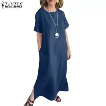 ZANZEA Женское повседневное однотонное летнее длинное платье с круглым вырезом S бежевый