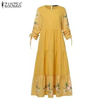 ZANZEA Женское повседневное свободное длинное платье с длинным рукавом и круглым вырезом с цветочным принтом S белый