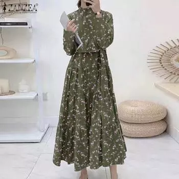 ZANZEA Женское повседневное свободное длинное платье с длинным рукавом и цветочным принтом
