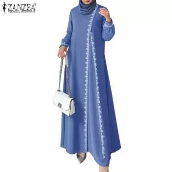 ZANZEA Женское повседневное свободное длинное платье с круглым вырезом и длинными рукавами