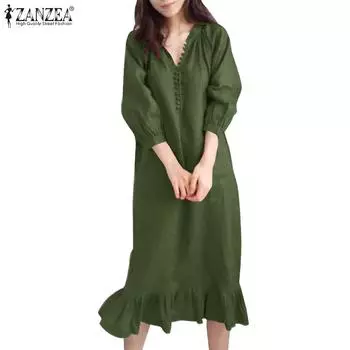 ZANZEA Женское повседневное свободное длинное платье с v-образным вырезом и рукавами 3/4