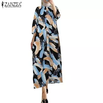 ZANZEA Женское повседневное свободное длинное платье с круглым вырезом и принтом с рукавами 3/4