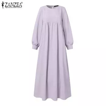 ZANZEA Женское повседневное свободное длинное платье с круглым вырезом и длинными рукавами