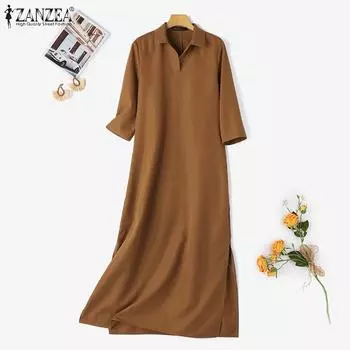 ZANZEA Женское повседневное свободное длинное платье-рубашка с отложным воротником и рукавами 3/4 S темно-синий
