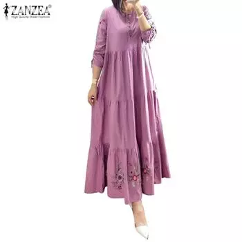 ZANZEA Женское повседневное свободное длинное платье с круглым вырезом и рукавами 3/4 с цветочным принтом S белый