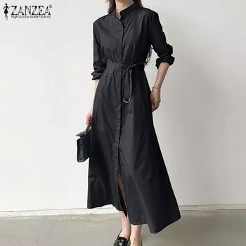 ZANZEA Женское повседневное свободное длинное платье с круглым вырезом и длинными рукавами