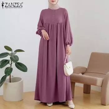 ZANZEA Женское повседневное свободное длинное платье с длинным рукавом и круглым вырезом M чёрный