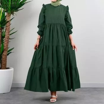 ZANZEA Женское повседневное свободное длинное платье с круглым вырезом и длинными рукавами M зелёный