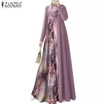 ZANZEA Женское повседневное свободное длинное платье с круглым вырезом и длинным рукавом M зелёный