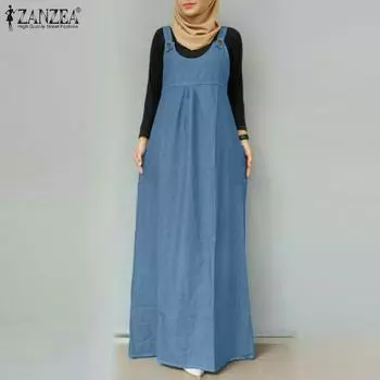 ZANZEA Женское повседневное свободное длинное платье без рукавов с круглым вырезом S синий