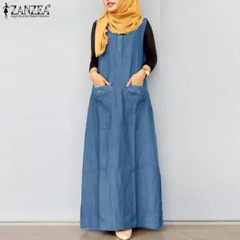 ZANZEA Женское повседневное свободное длинное платье без рукавов с круглым вырезом M темно-синий