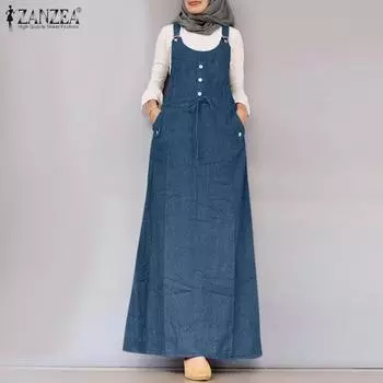 ZANZEA Женское повседневное свободное длинное платье без рукавов с квадратным воротником 4XL чёрный